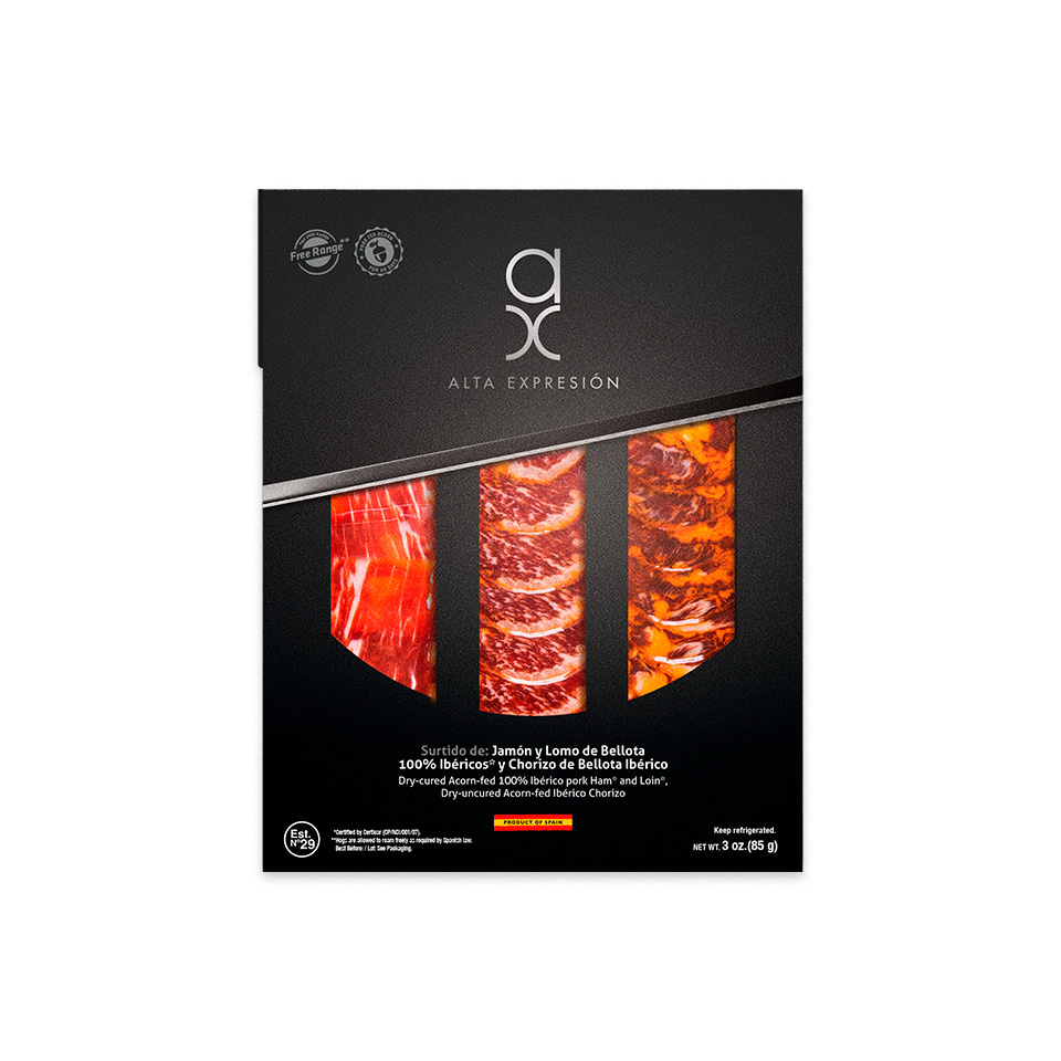 Sampler of Dry Cured Acorn Fed 100% Ibérico Pork Ham and Loin, Dry Uncured Acorn Fed Ibérico Chorizo (3oz)