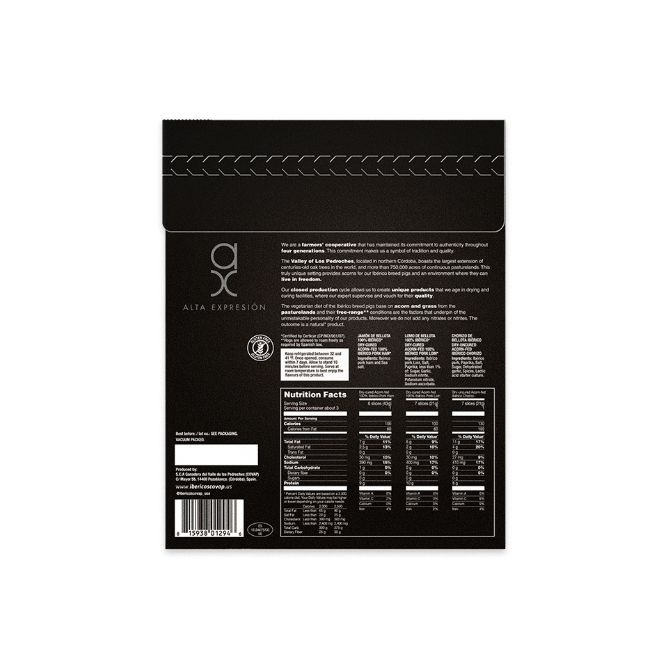 Sampler of Dry Cured Acorn Fed 100% Ibérico Pork Ham and Loin, Dry Uncured Acorn Fed Ibérico Chorizo (3oz)